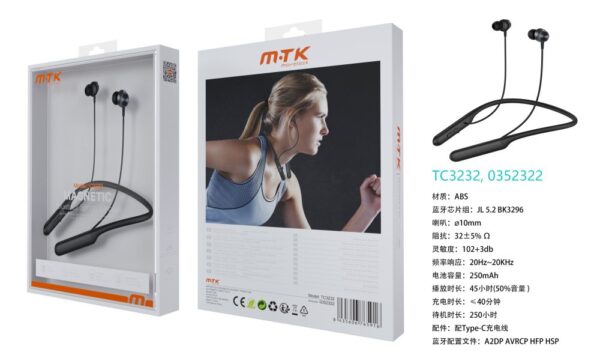 Auriculares Deportivos TC3232 NE Luxury Auricular Deportivo Bluetooth Con microfono y cable, Bateria 250mAh, Negro