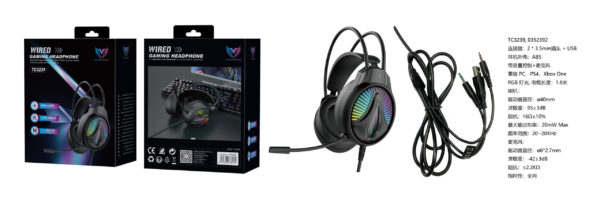 Auriculares Cascos Gaming TC3239 NE Auriculares Casco Gaming Con microfono y Boton control de Volumen, Luz RGB, Cable 1.8M, Soporta para PC/PS4/Xbox one, 3.5mm Jack*2+USB, Negro