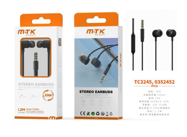 Auriculares con Cable TC3245 NE luxury Auricular Kay con Microfono y  Control de Volumen, Soporta llamada y Musica, Cable 1.2m, Negro