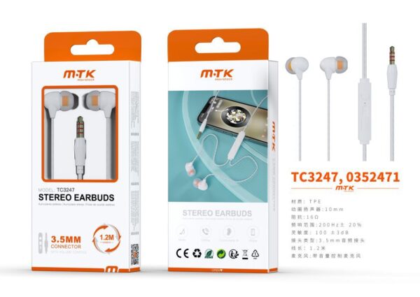 Auriculares con Cable TC3247 BL luxury Auricular Otis con Microfono y  Control de Volumen, Soporta llamada y Musica, Cable 1.2m, Blanco