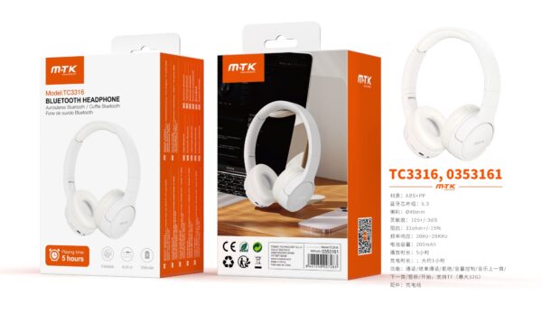 Auriculares Cascos Bluetooth Inalámbricos TC3316 BL Auricular plegable Bluetooth 5.3, Soporta Mano libre/FM/TF 32G Max, 5 hora de uso,Bateria 200mAh, Blanco