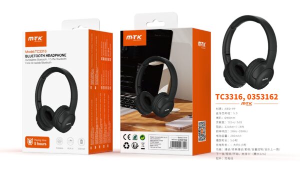 Auriculares Cascos Bluetooth Inalámbricos TC3316 NE Auricular plegable Bluetooth 5.3, Soporta Mano libre/FM/TF 32G Max, 5 hora de uso, Bateria 200mAh, Negro