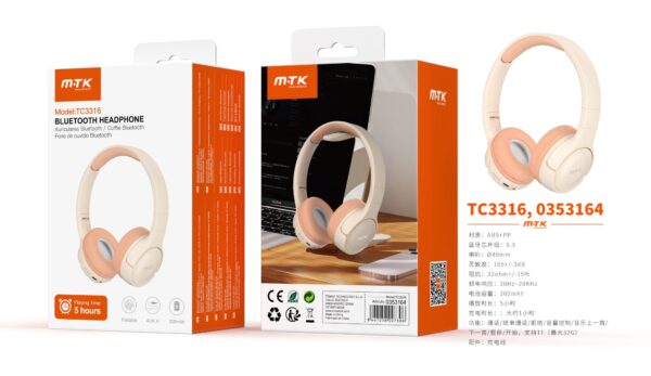 Auriculares Cascos Bluetooth Inalámbricos TC3316 RS Auricular plegable Bluetooth 5.3, Soporta Mano libre/FM/TF 32G Max, 5 hora de uso, Bateria 200mAh, Rosa