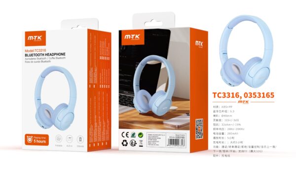 Auriculares Cascos Bluetooth Inalámbricos TC3316 AZ Auricular plegable Bluetooth 5.3, Soporta Mano libre/FM/TF 32G Max, Bateria 200mAh, Azul