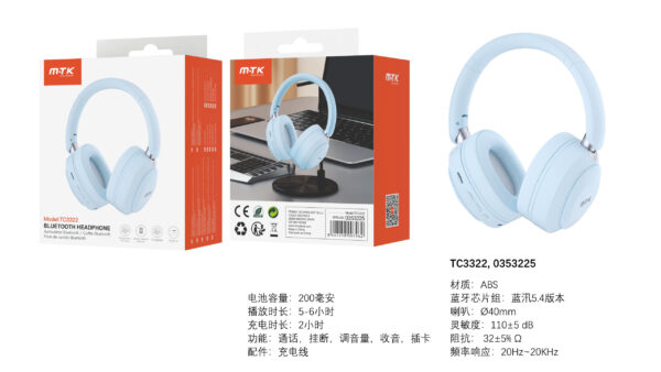 Auriculares Cascos Bluetooth Inalámbricos TC3322 AZ Auricular plegable Bluetooth 5.4, Soporta Mano libre/TF/entrada Aux, Bateria 200mAh, Azul