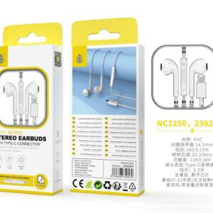 Auriculares con Cable Tipo C NC3250 BL Auricular Type-C Box con Microfono y Boton multifuncion, Compatible con Apple Type-C, Cable 1.2m, Blanco