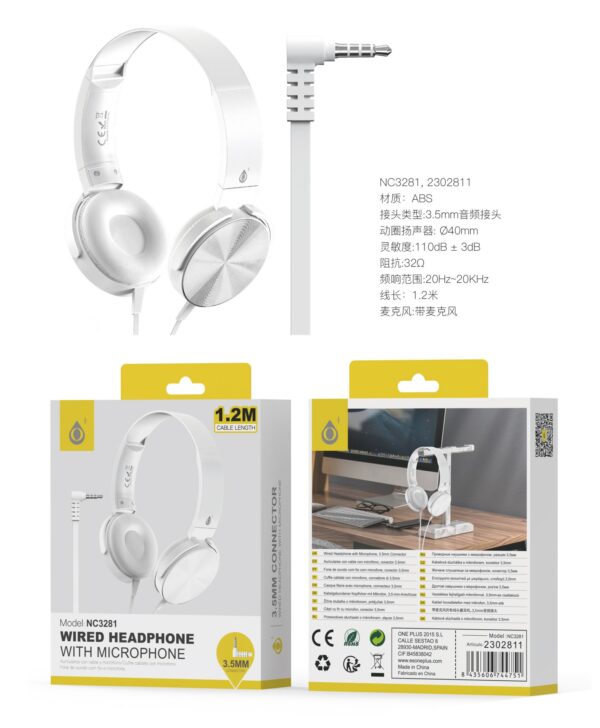 Auriculares Cascos con CableNC3281 BL Auriculares Casco Ilaria con Cable Jack 3.5mm en L y Microfono, 1.2m, Blanco