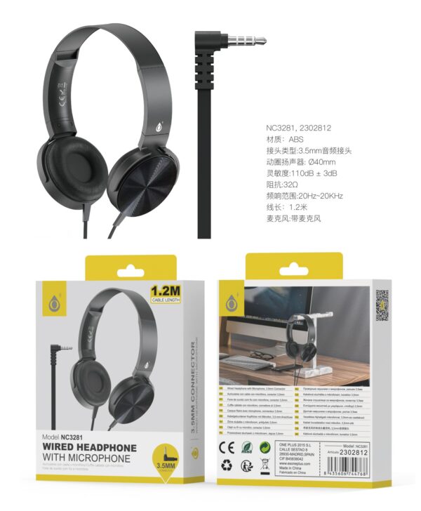Auriculares Cascos con CableNC3281 NE Auriculares Casco Ilaria con Cable Jack 3.5mm en L y Microfono, 1.2m, Negro