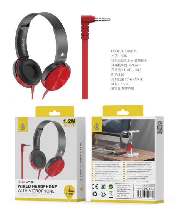 Auriculares Cascos con CableNC3281 NE+RJ Auriculares Casco Ilaria con Cable Jack 3.5mm en L y Microfono, 1.2m, Negro+Rojo