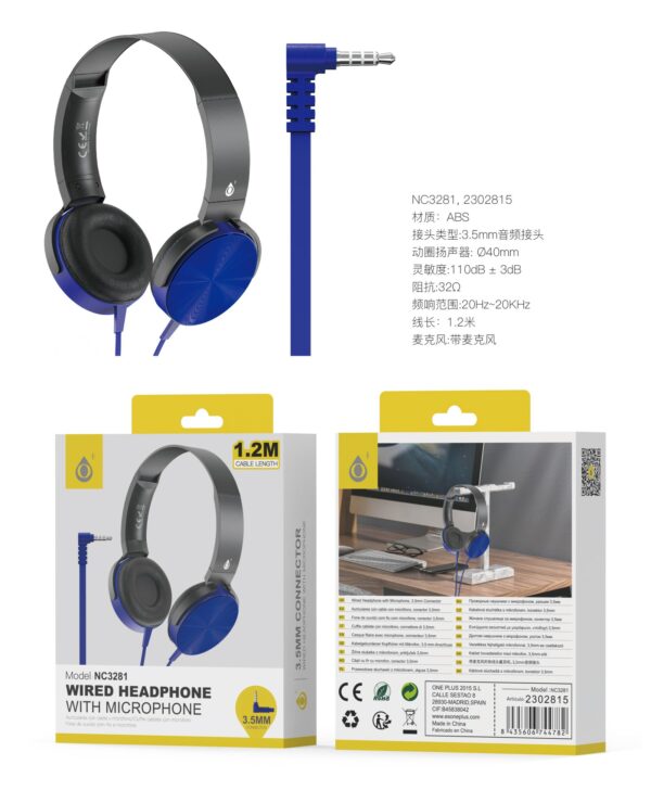 Auriculares Cascos con CableNC3281 NE+AZ Auriculares Casco Ilaria con Cable Jack 3.5mm en L y Microfono, 1.2m, Negro+Azul