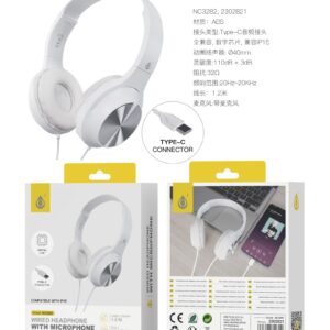 Auriculares Cascos con CableNC3282 BL Auriculares Casco Ilaria con Cable Type-C y Microfono, 1.2m, Compatible con Apple, Blanco