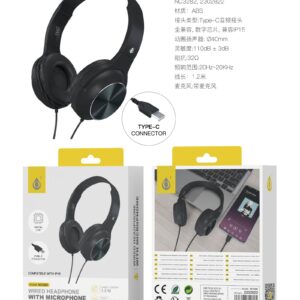 Auriculares Cascos con CableNC3282 NE Auriculares Casco Ilaria con Cable Type-C y Microfono, 1.2m, Compatible con Apple, Negro