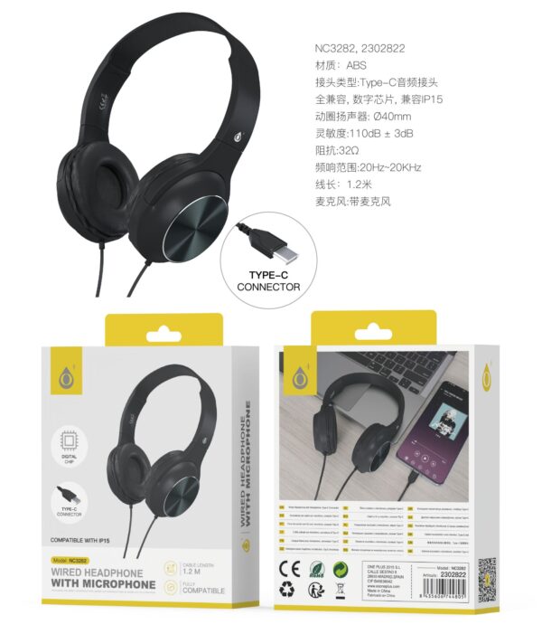 Auriculares Cascos con CableNC3282 NE Auriculares Casco Ilaria con Cable Type-C y Microfono, 1.2m, Compatible con Apple, Negro