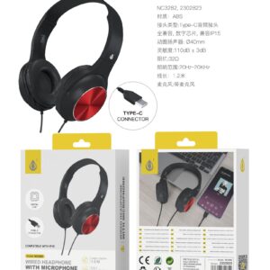 Auriculares Cascos con CableNC3282 NE+RJ Auriculares Casco Ilaria con Cable Type-C y Microfono, 1.2m, Compatible con Apple, Negro+Rojo