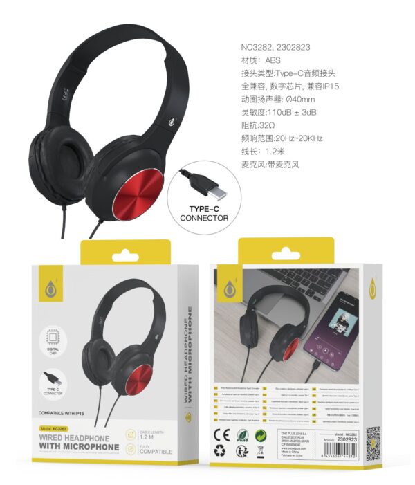 Auriculares Cascos con CableNC3282 NE+RJ Auriculares Casco Ilaria con Cable Type-C y Microfono, 1.2m, Compatible con Apple, Negro+Rojo
