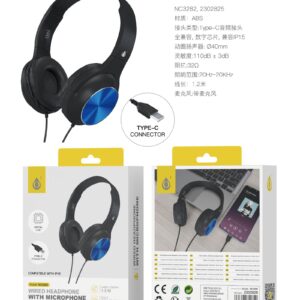 Auriculares Cascos con CableNC3282 NE+AZ Auriculares Casco Ilaria con Cable Type-C y Microfono, 1.2m, Compatible con Apple, Negro+Azul