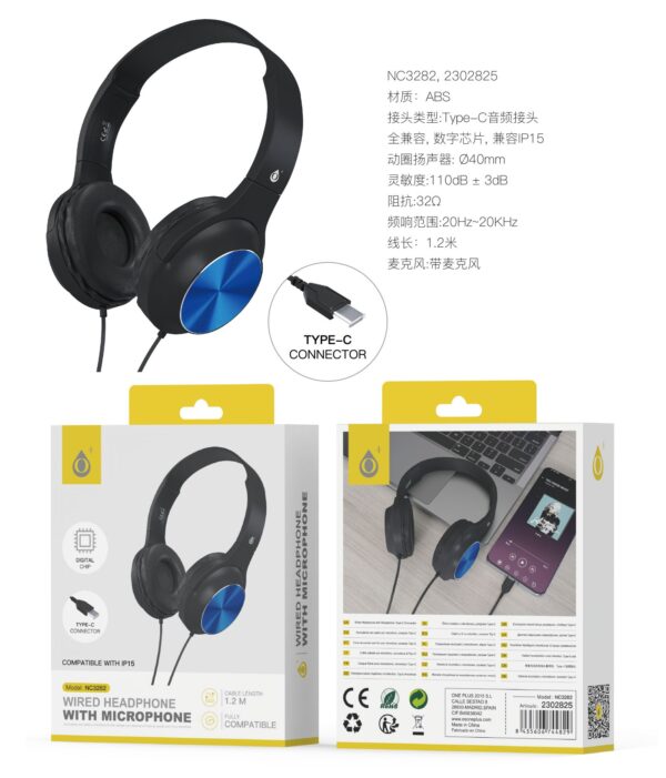 Auriculares Cascos con CableNC3282 NE+AZ Auriculares Casco Ilaria con Cable Type-C y Microfono, 1.2m, Compatible con Apple, Negro+Azul