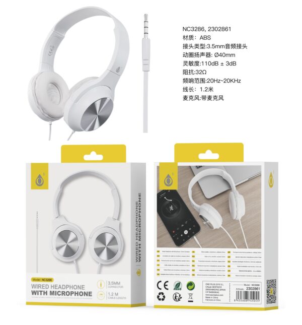 Auriculares Cascos con CableNC3286 BL Auriculares Casco Ilaria con Cable Jack 3.5mm y Microfono, 1.2m, Blanco