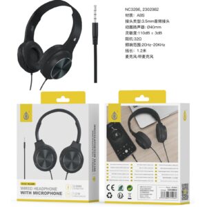 Auriculares Cascos con CableNC3286 NE Auriculares Casco Ilaria con Cable Jack 3.5mm y Microfono, 1.2m, Negro