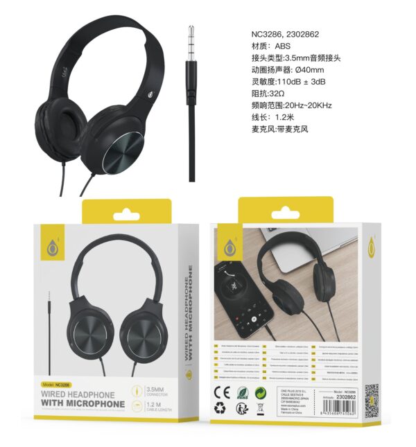 Auriculares Cascos con CableNC3286 NE Auriculares Casco Ilaria con Cable Jack 3.5mm y Microfono, 1.2m, Negro