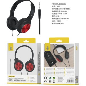 Auriculares Cascos con CableNC3286 NE+RJ Auriculares Casco Ilaria con Cable Jack 3.5mm y Microfono, 1.2m, Negro+Rojo