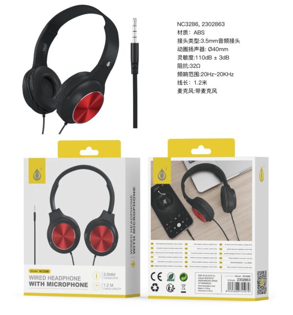 Auriculares Cascos con CableNC3286 NE+RJ Auriculares Casco Ilaria con Cable Jack 3.5mm y Microfono, 1.2m, Negro+Rojo
