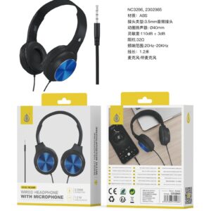 Auriculares Cascos con Cable NC3286 NE+AZ Auriculares Casco Ilaria con Cable Jack 3.5mm y Microfono, 1.2m, Negro+Azul