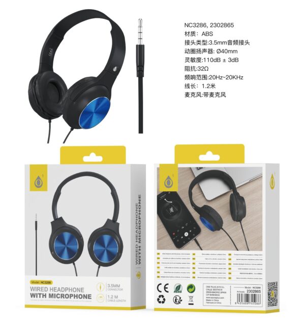 Auriculares Cascos con Cable NC3286 NE+AZ Auriculares Casco Ilaria con Cable Jack 3.5mm y Microfono, 1.2m, Negro+Azul