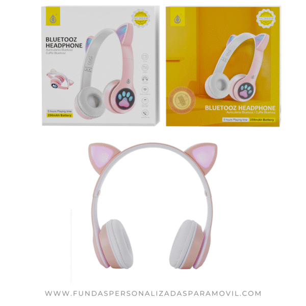 Auriculares para niños Cascos Bluetooth Inalámbricos con Orejas de Gato con LED Luminoso, con Microfono, BTS/FM/TF(32GB)/Audio NC3228  Rosa