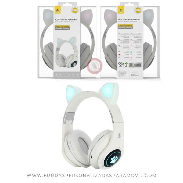 Auriculares para niños Cascos Bluetooth NC3172 BL, Auriculares Bluetooth con Orejas de Gato con LED Luminoso, con Microfono, BTS/FM/TF(32GB)/Audio, 400 mAH, Blanco