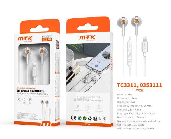 Auriculares Iphone con cable Lightning TC3311 BL Luxruy Auricular Lightning Zropix con microfono y boton de llamada(Necesario Bluetooth), Cable 1.2m, Blanco