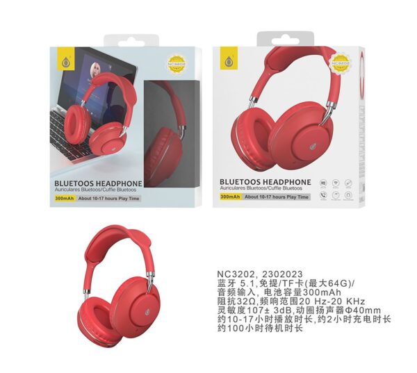 Auriculares Cascos Bluetooth NC3202 RJ Auriculares Casco  Bluetooth 5.1  300mAh, TF , Rojo