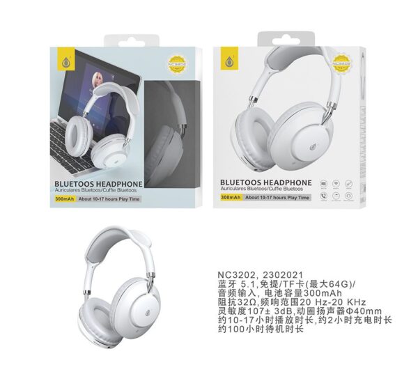 Auriculares Cascos Bluetooth Inalámbricos NC3202 BL Auriculares Casco  Bluetooth 5.1  300mAh, TF , Blanco