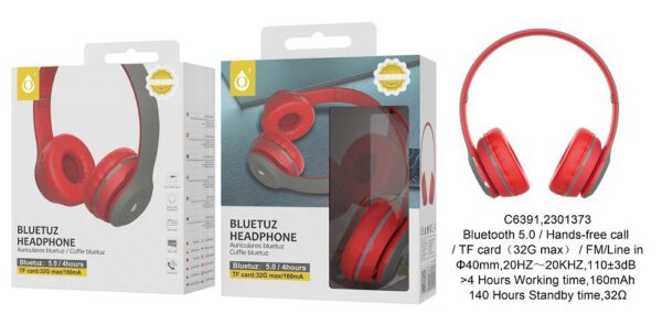 Auriculares Cascos Bluetooth Inalámbricos C6391 NE RJ Auriculares Bluetooth con microfono y control de volumen , Negro  Rojo