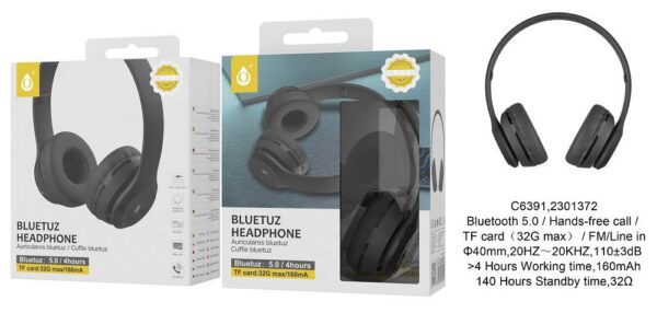 Auriculares Cascos Bluetooth Inalámbricos C6391 NE Auriculares Bluetooth con microfono y control de volumen , Negro