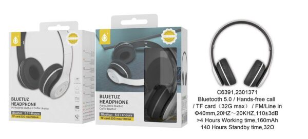 Auriculares Cascos Bluetooth Inalámbricos C6391 BL NE Auriculares Bluetooth con microfono y control de volumen , Blanco Negro