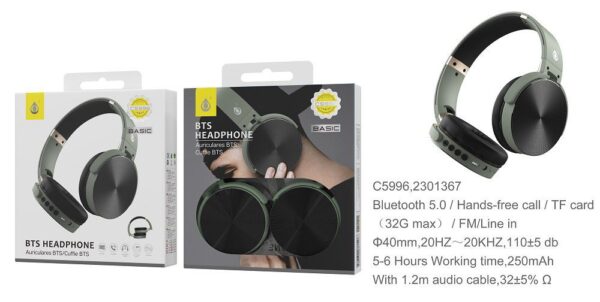 Auriculares Cascos Bluetooth Inalámbricos C5996 VE Auriculares Casco S.Basic Bluetooth Pregable Lepux ,FM/TF/Audio,Verde