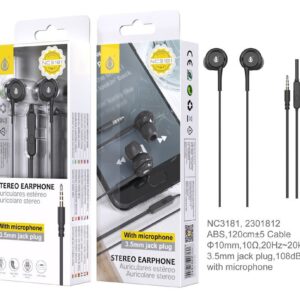 Auriculares con Cable NC3181 NE Auriculares con Microfono Circle,Boton Multifuncion y Control Volumen, Longitud  1.2M,Negro