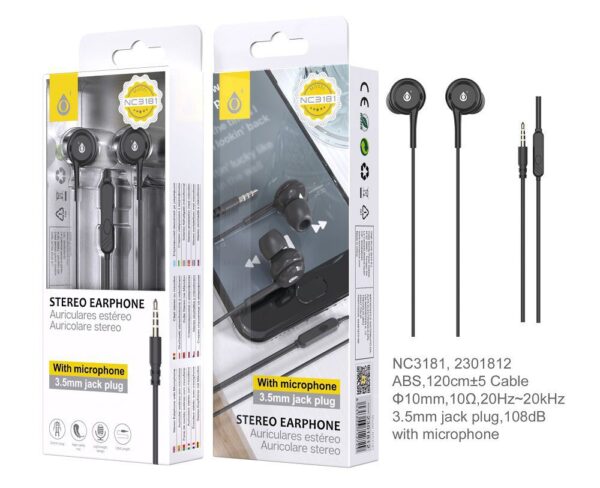 Auriculares con Cable NC3181 NE Auriculares con Microfono Circle,Boton Multifuncion y Control Volumen, Longitud  1.2M,Negro