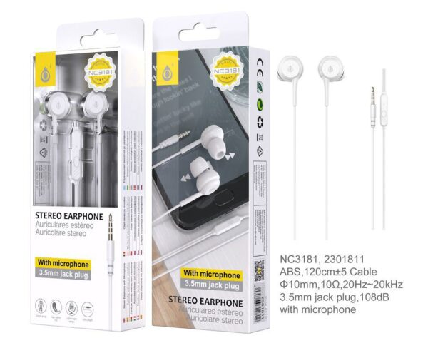 Auriculares con Cable NC3181 BL Auriculares con Microfono Circle,Boton Multifuncion y Control Volumen, Longitud  1.2M,Blanco