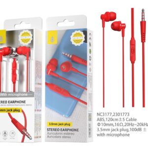 Auriculares con Cable NC3177 RJ Auriculares con Microfono Grimes, Con Boton Multifuncion y Control de Volumen, Longitud  1.2M,Rojo