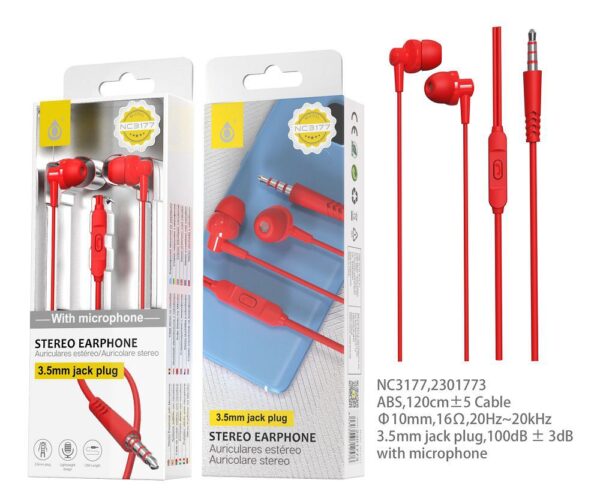 Auriculares con Cable NC3177 RJ Auriculares con Microfono Grimes, Con Boton Multifuncion y Control de Volumen, Longitud  1.2M,Rojo