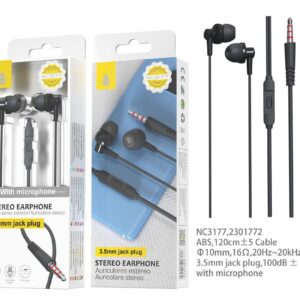 Auriculares con Cable NC3177 NE Auriculares con Microfono Grimes, Con Boton Multifuncion y Control de Volumen, Longitud  1.2M,Negro