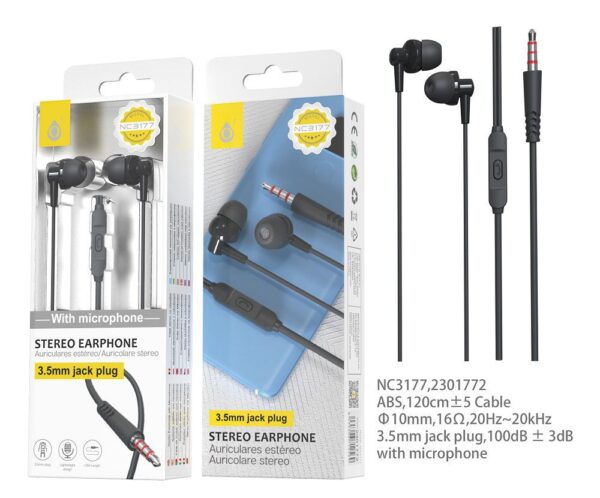 Auriculares con Cable NC3177 NE Auriculares con Microfono Grimes, Con Boton Multifuncion y Control de Volumen, Longitud  1.2M,Negro