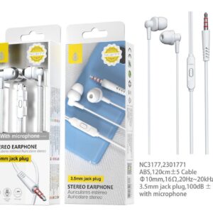 Auriculares con Cable NC3177 BL Auriculares con Microfono Grimes, Con Boton Multifuncion y Control de Volumen, Longitud  1.2M,Blanco