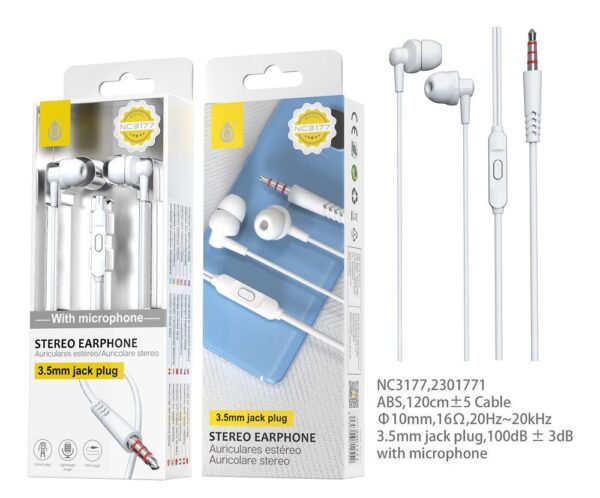 Auriculares con Cable NC3177 BL Auriculares con Microfono Grimes, Con Boton Multifuncion y Control de Volumen, Longitud  1.2M,Blanco
