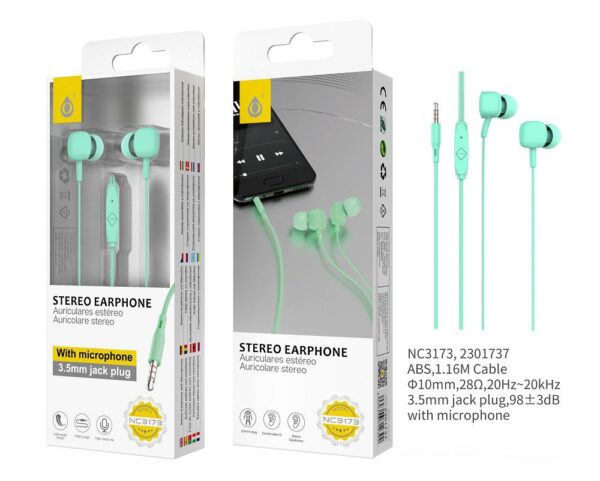 Auriculares con Cable NC3173 VE Auriculares con Microfono de alta calidad Namdi,Boton Multifuncion y Control Volumen, Longitud  1.16M,Verde