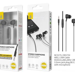 Auriculares con Cable NC3173 NE Auriculares con Microfono de alta calidad Namdi,Boton Multifuncion y Control Volumen, Longitud  1.16M,Negro