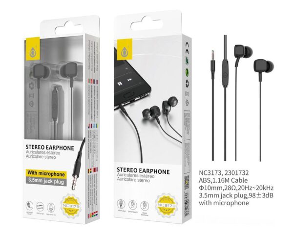 Auriculares con Cable NC3173 NE Auriculares con Microfono de alta calidad Namdi,Boton Multifuncion y Control Volumen, Longitud  1.16M,Negro