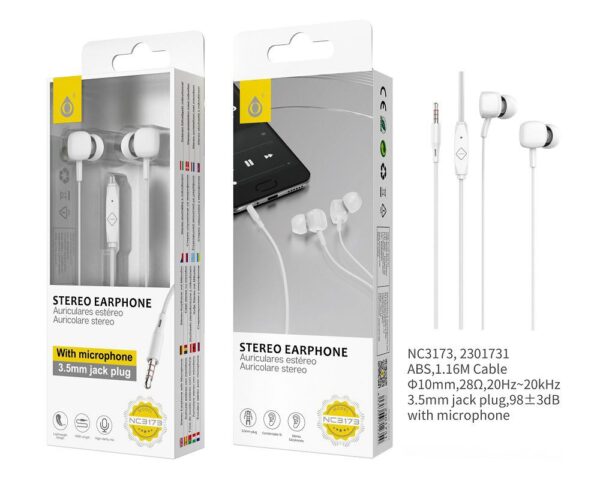 Auriculares con Cable NC3173 BL Auriculares con Microfono de alta calidad Namdi,Boton Multifuncion y Control Volumen, Longitud  1.16M,Blanco